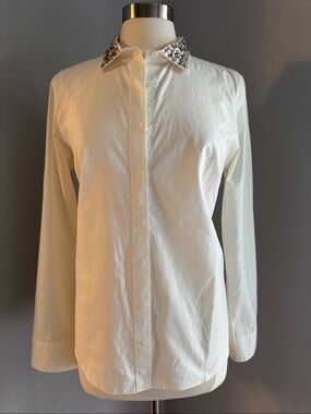 J Crew Collection NWOT Embellished Collar Button Up Shirt - Ivory, Size 10